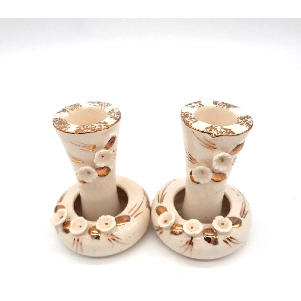Vtg Tilso 1950s Handpainted Pair of 3.5" White Gold Candleholders Raised Flowers